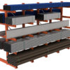 Run of four bays of heavy duty cantilever carrying RHS, pallet racking frames, I beams, and large metal rods.