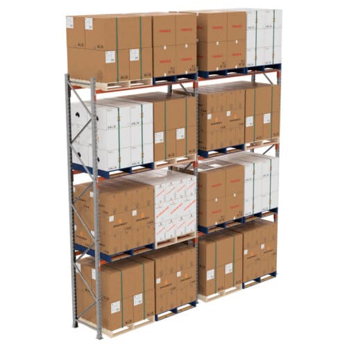 Run of two bays of selective pallet racking loaded with multiple pallets of cartons.